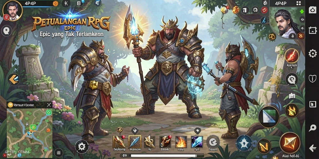 Tangkapan layar gameplay 4P4P menunjukkan pertarungan epik dalam RPG.