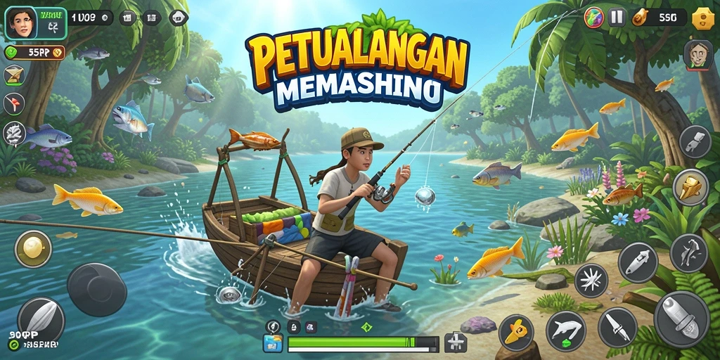 Gameplay 55RP menampilkan aksi seru memancing di berbagai lokasi.