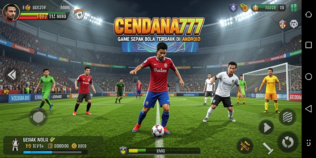 Screenshot utama CENDANA777 menampilkan aksi seru di lapangan sepak bola.