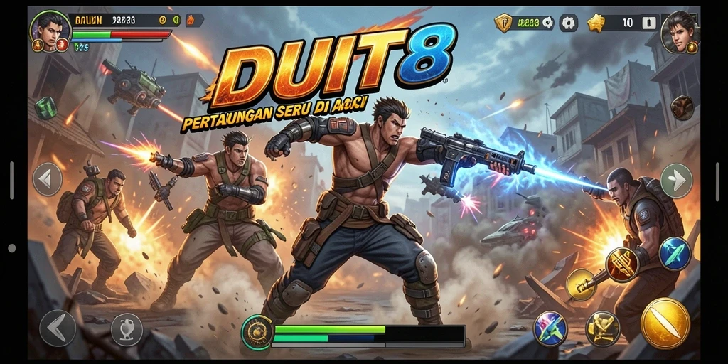 Screenshot gameplay DUIT8 menampilkan pertarungan seru penuh aksi.