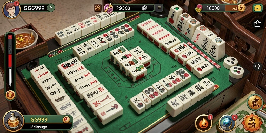 Tangkapan layar gameplay GG999 menampilkan aksi Mahjong yang seru.