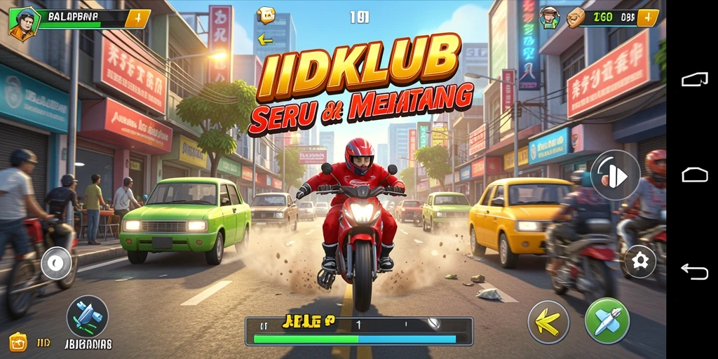 Tampilan gameplay menegangkan dalam balapan IDKLUB dengan mobil-mobil kencang.