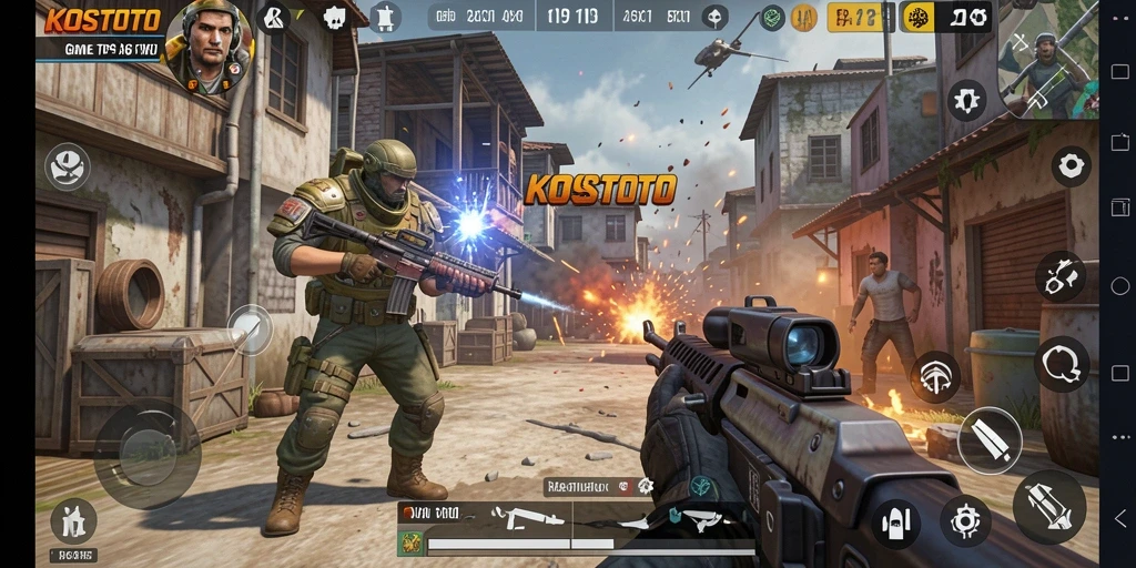 Screenshot KOSTOTO menunjukkan aksi menegangkan gameplay TPS yang intens.