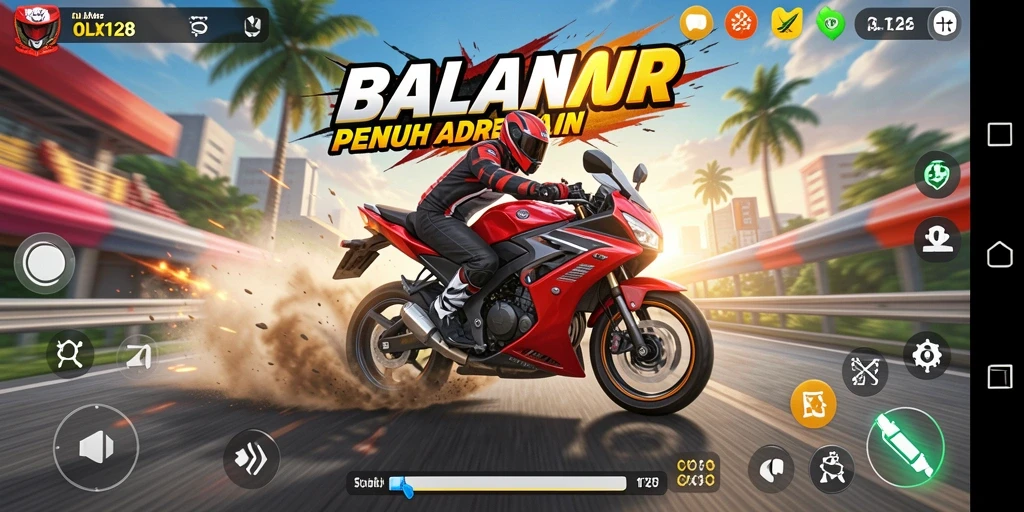 Tangkapan layar OLX128 menampilkan aksi balapan motor yang mendebarkan.