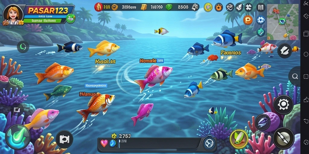 Tampilan menarik dari gameplay Tembak Ikan PASAR123 dengan berbagai ikan.