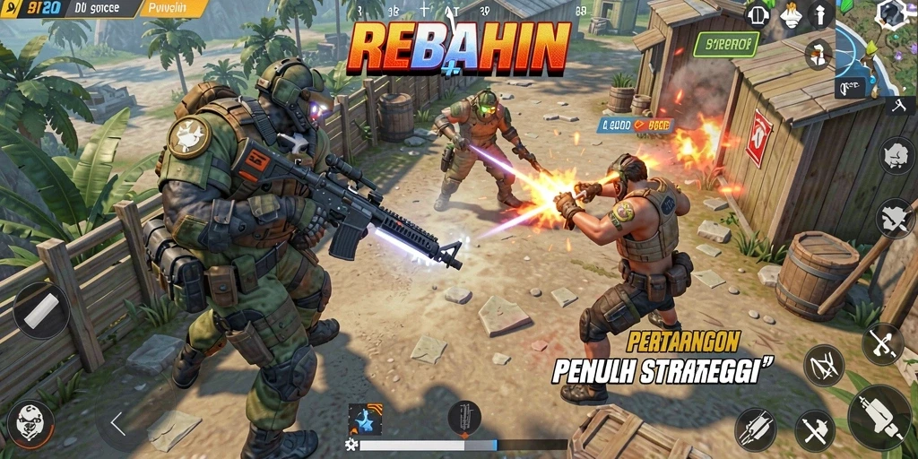 Tangkapan layar REBAHIN menampilkan aksi seru dalam pertempuran Battle Royale.