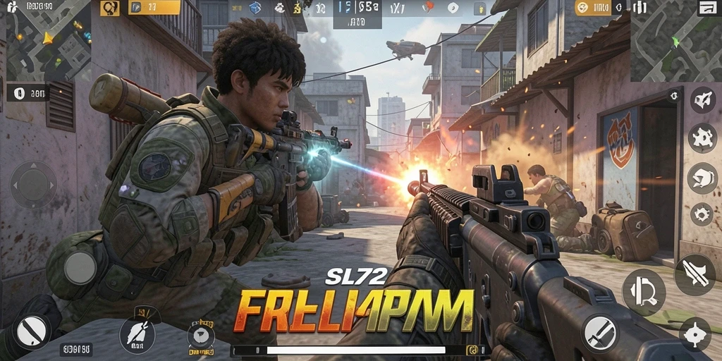 Tampilan gameplay SL72 yang dinamis dalam pertempuran FPS.