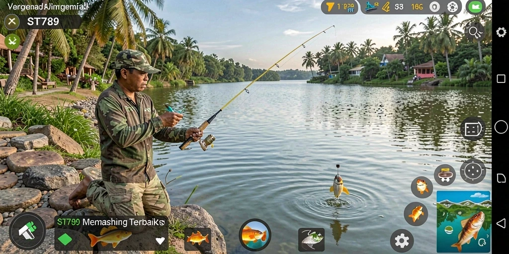 Gameplay ST789 yang seru dengan berbagai lokasi memancing yang menantang.
